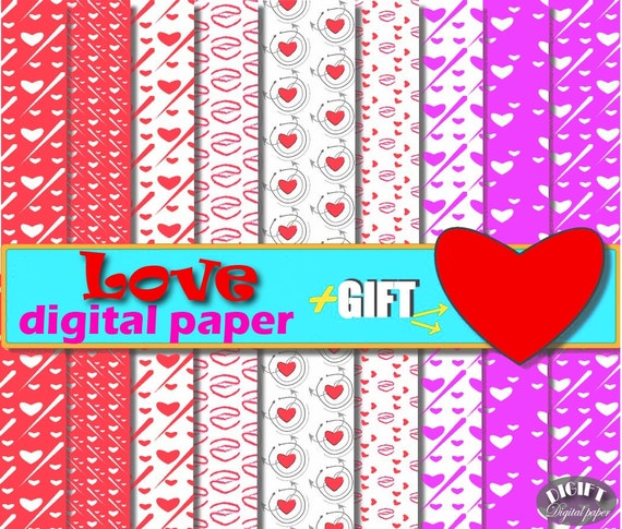 Love Digital Paper Pink digital paper Red Heart and arrow Love decor Heart clipart artwork kiss red arrow red valentines day lips print art