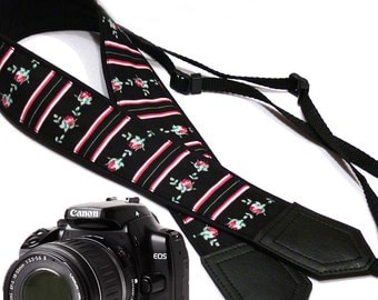 Flowers Camera strap. Roses camera strap with stripes. DSLR / SLR Camera Strap. Photo accessory by InTePro