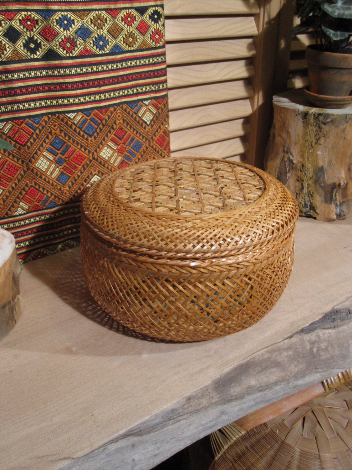 Vintage Japanese Bamboo Basket with Lid
