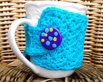 Crocheted Mug Cozy - Coffee Sleeve - Coffee Cozy - Cup Sleeve - Handmade Button - Polymer Button - Reusable Coffee Sleeve - Teacher Gift