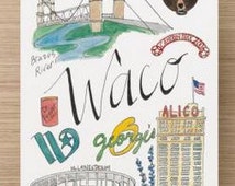 Waco TX City Map Wall Art Print  B aylor University Texas Grad Gift ...