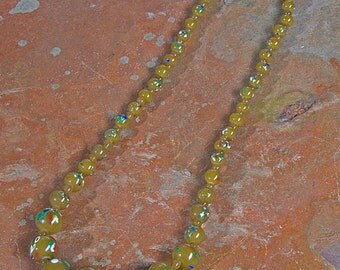 Vintage Czech. glass beads necklace caramel with marquetry 16"