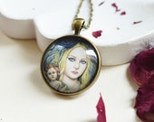FEMALE IMAGES Round pendant metal brass with the image of girls under glass , Rustic , Vintage, Gothic