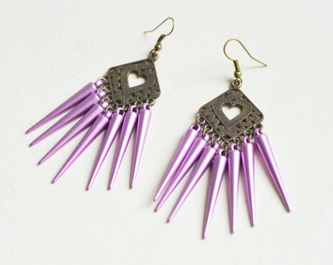 BOHO CHIC // Bright and stylish earrings from metal brass with acrylic cones // Rustic, Retro, Vintage // Brown, Purple // Style, Fashion