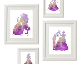 Disney Princess silhouette Wall Art, Girl Room Playroom Decor Art, Watercolor Printable, Set of 4, 2-8x10 and 2-5x7, INSTANT DOWNLOAD