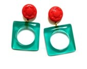 Rockabilly 50's -60's / Trendy Hipster / Modern, Cool, Bold with 80's Touch / Square & Round, Green Red Geometric Statement, Long earrings