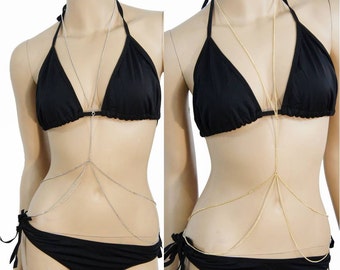 Multi-Layered Crossover Thin Body Chain Harness - Long Bikini Beach Necklace Waist Belt Dangle Body Jewelry Punk Rock Armor Cage Gold Silver