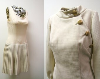 Vintage 1960s Off White Dress with Pleated Skirt and Gold Buttons | Marion McCoy Dress
