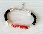 Red coral bracelet, Rope bracelet, Natural Stone Bracelet, Black rope bracelet, Black and red bracelet, Natural coral, Beaded Bracelet