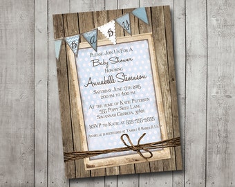Boy Baby Shower Invitation Rustic Wood Blue Bunting Banner Vintage Shabby Printable Customizable Digital File