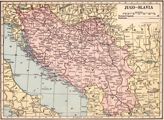 VINTAGE 1923 JUGO-SLAVIA Map 1923 Original Print Neat