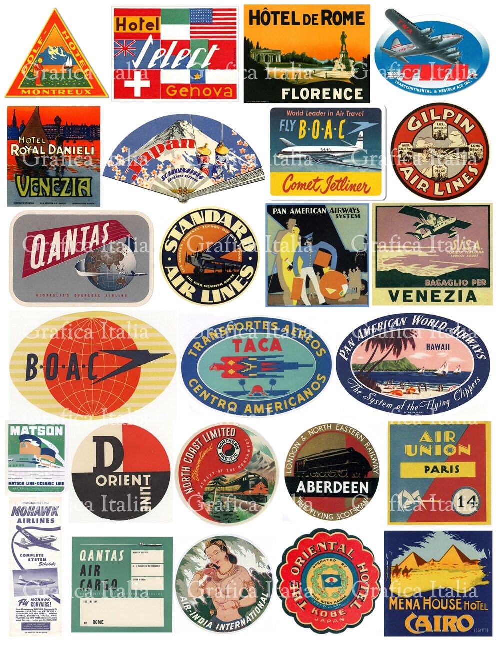 25 travel luggage stickers retro digital printable collage