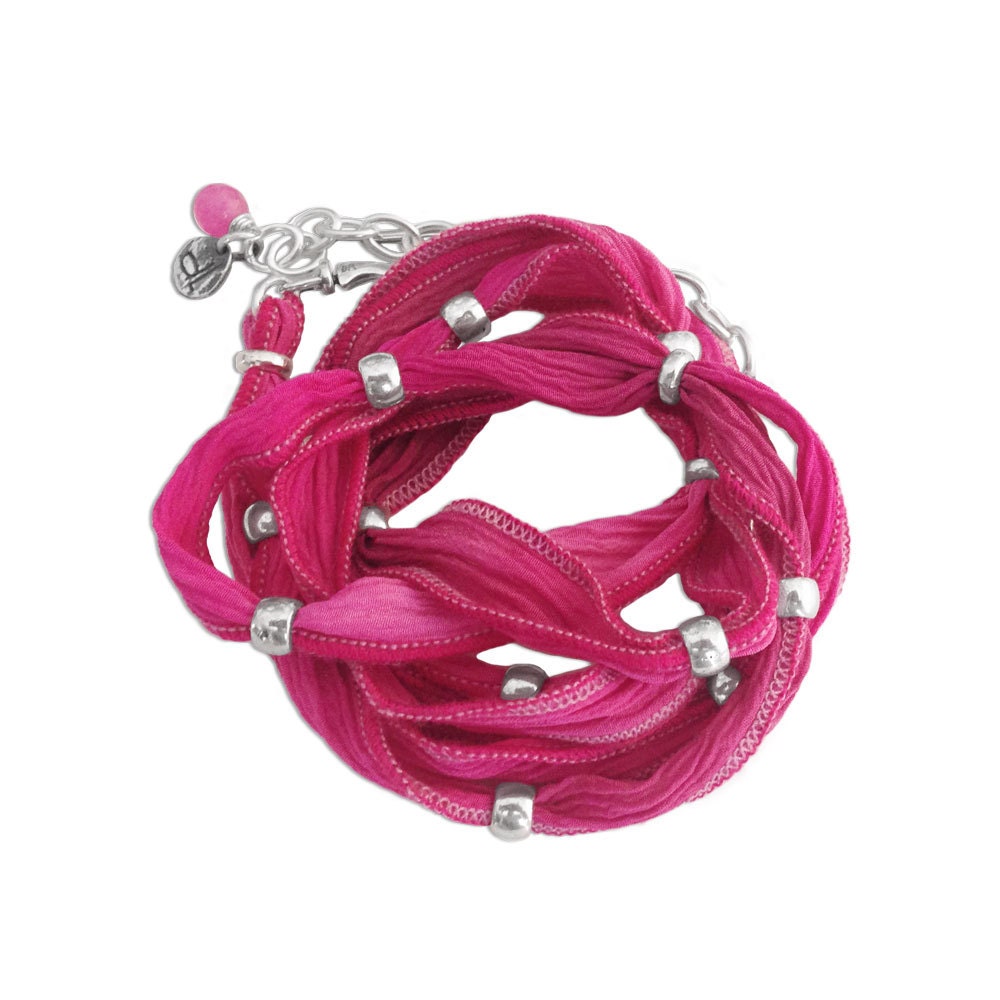 Beaded Silk Wrap Bracelet and Necklace with pewter beads in an