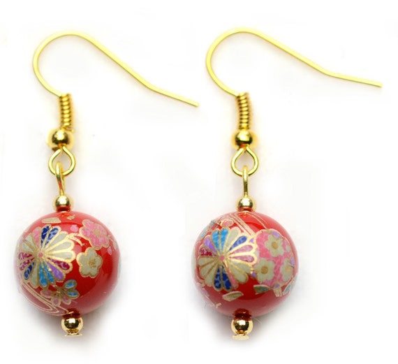 Oriental Earrings Tensha Bead Earrings Red with