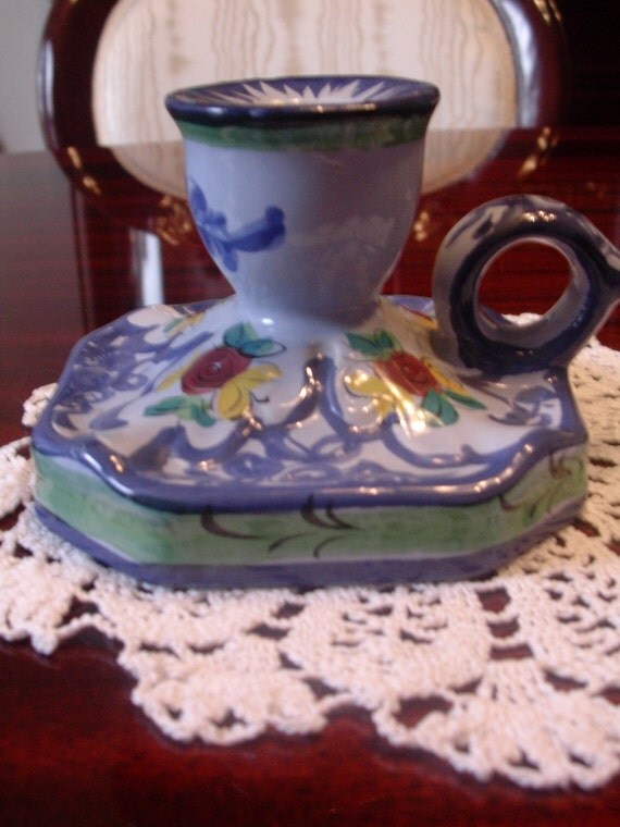 Candle holder hand painted pottery portugal. signed