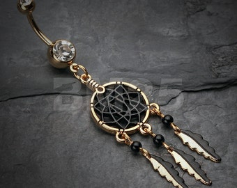 Golden Black Dreamcatcher Clear Gem Belly Button Ring