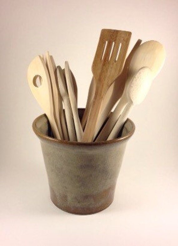 Pottery kitchen utensil holder Mottled Ochre by FernStreetPottery
