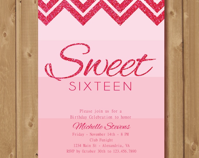 Sweet 16 Birthday Invitation - Glitter birthday invite - Pink glitter invitation - Girl Printable invite