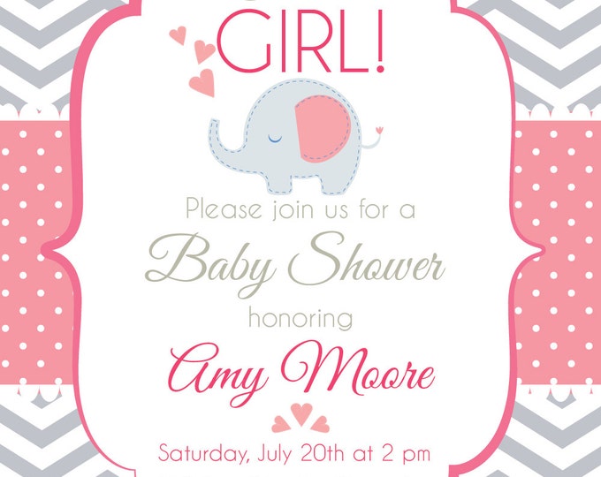 Baby Shower Invitation. Babygirl shower. Babyboy shower. Chevron style babyshower invitation. Elephant babyshower. Printable