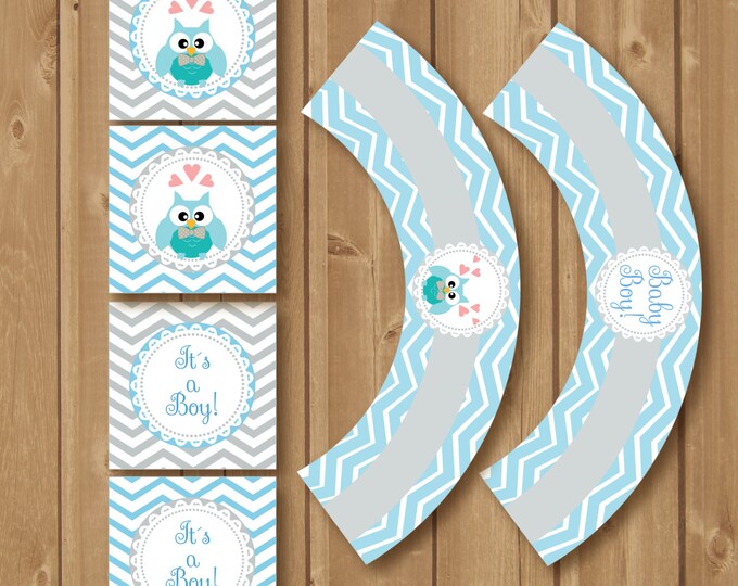 Babyshower Owl Party Package. Instant download. Printable. Boy owl Babyshower. Boy babyshower. Light blue and gray chevron babyshower.