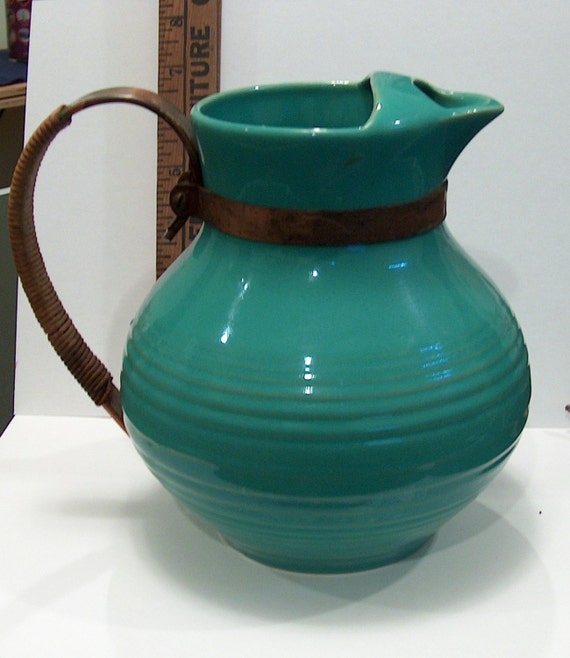 Rare Vintage Bauer Pottery Green Ringware Pitcher with Ice Lip