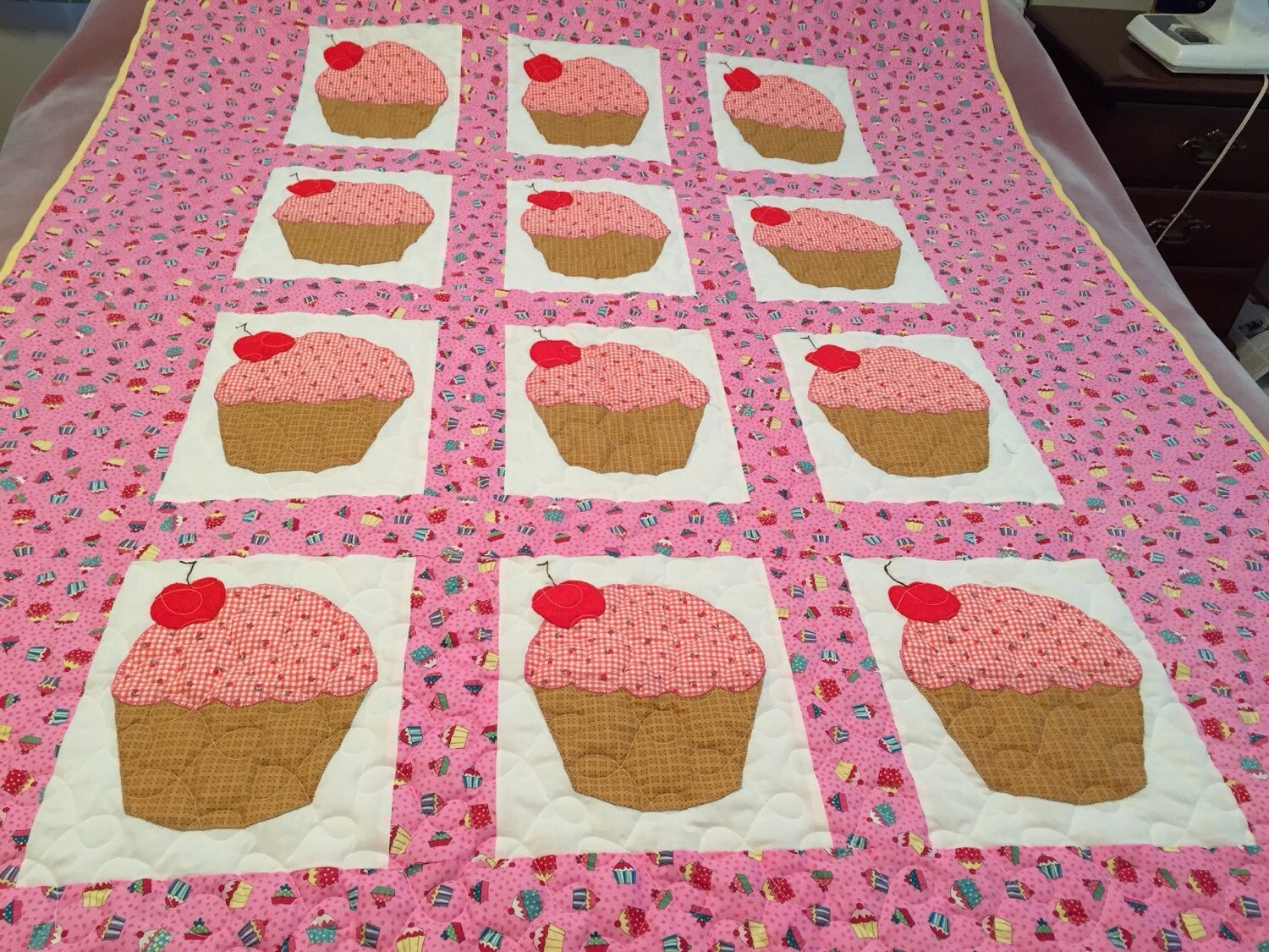 Twin Bed Pink Cupcake Quilt Handmade Bedding by TrailOfThreads