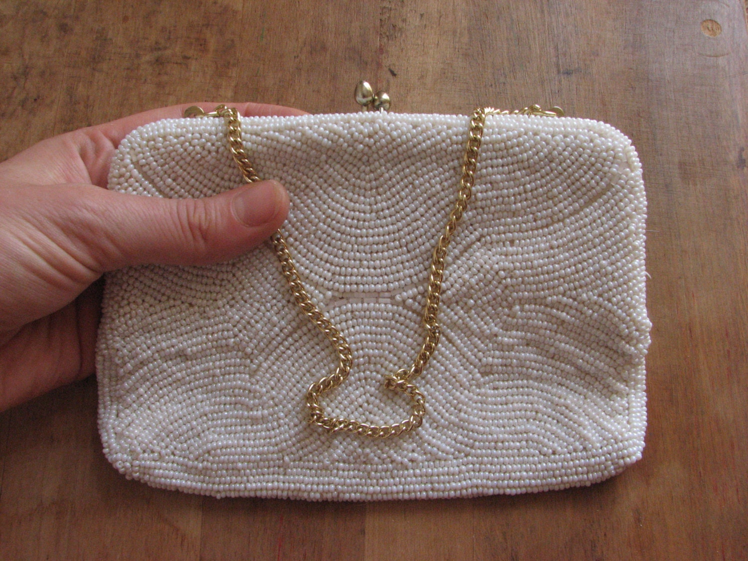 White Vintage Beaded Clutch Purse small evening bag chain