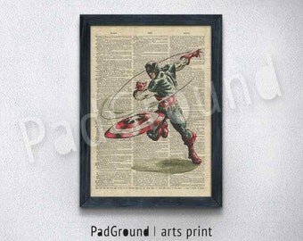 Captain America Prints, Avengers Superhero Poster, Marvel, Dictionary Art, Home Decor, Kids Wall Art, Gift for Him, Print with Frame- SP51