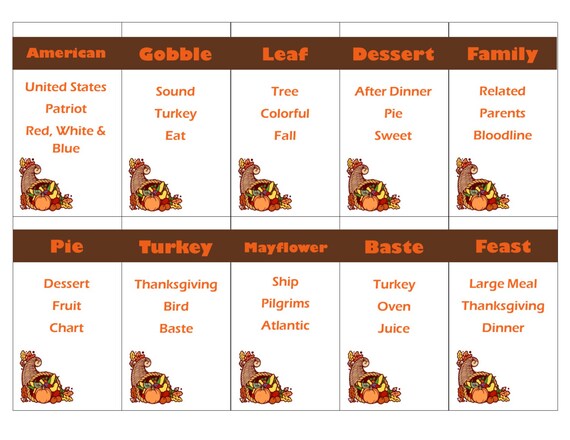 Druckbare Thanksgiving Spiel Tabu-Karten-sofort-DOWNLOAD