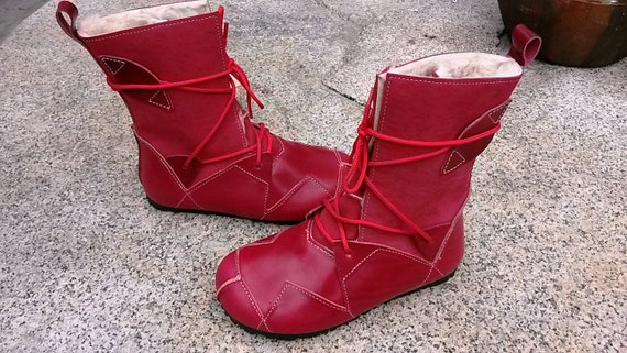 Free Shipping, Red Leather Boots, Leather Booties, Red Boots, Winter Shoes, red  Shoes, Lace Boots. Bosque Rojo