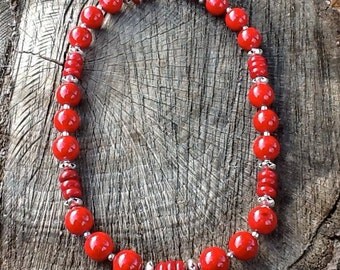 Red Coral and Sterling Silver Statement 20" Necklace