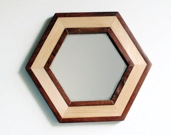 Wall Mirror, 9" Wooden Mirror, Hexagonal Mirror, Geometric Mirror, Handmade Reclaimed Wood Frame, Decorative Wall Mirror, Mahogany Mirror