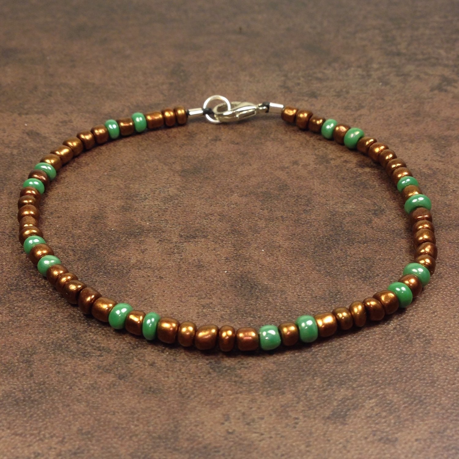 Copper and green glass bead bracelet men's bracelet