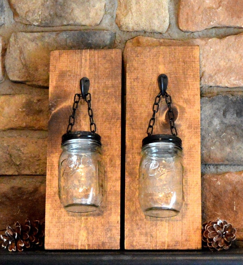 Reclaimed wood wall mason jar hanging candle holder mason