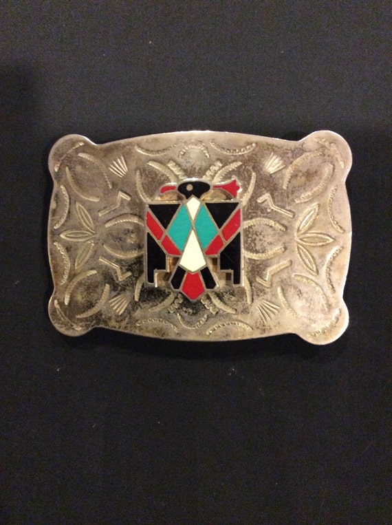 Nickel Silver Thunderbird Belt Buckle with Coral by ExileBoutique