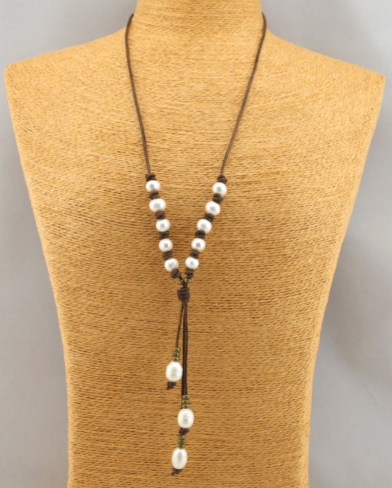 T-S156 Freshwater Pearl Leather NecklaceWhite by tongtongpearls