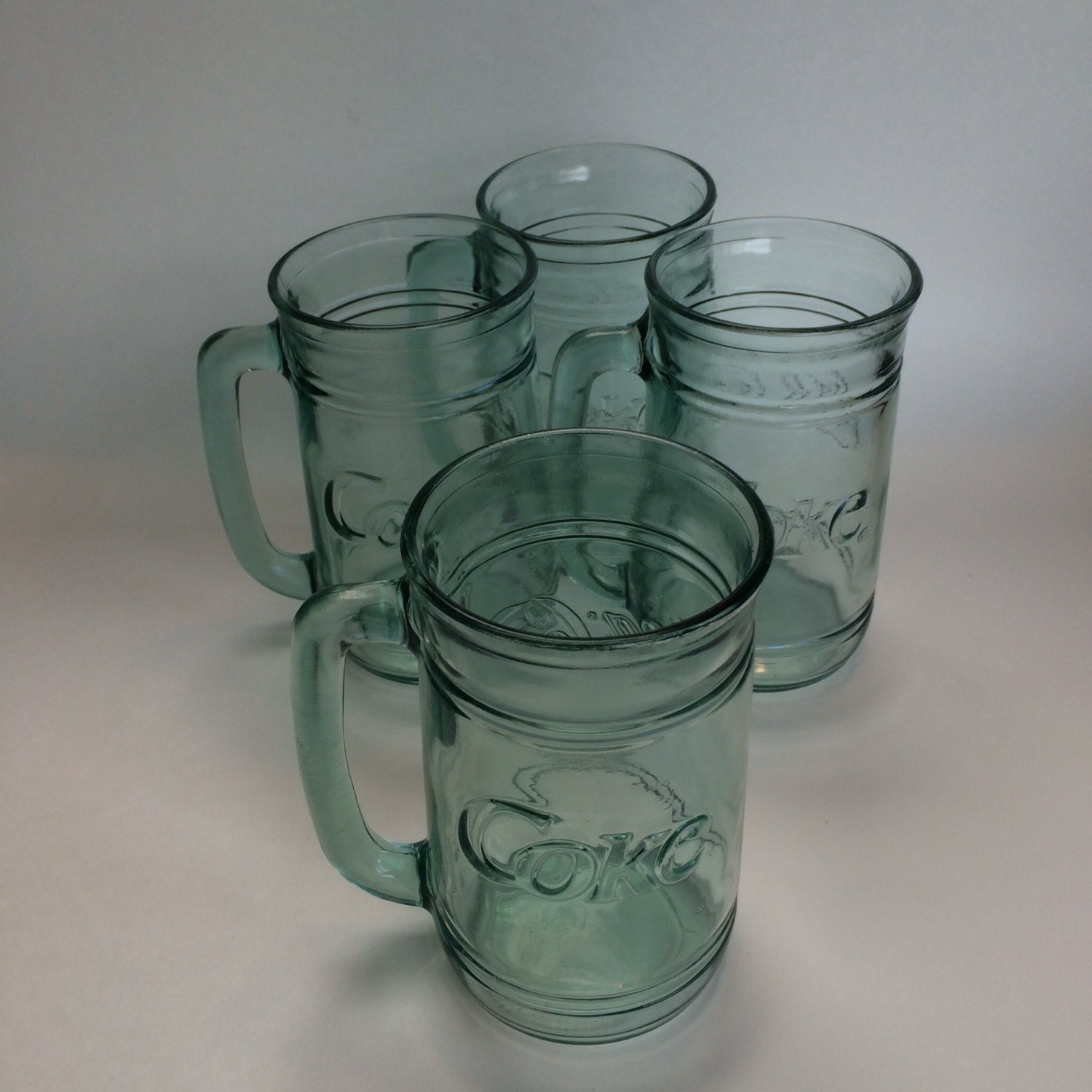 Set Of 4 Vintage Barrel Coca Cola Green Glass D Handle Glasses