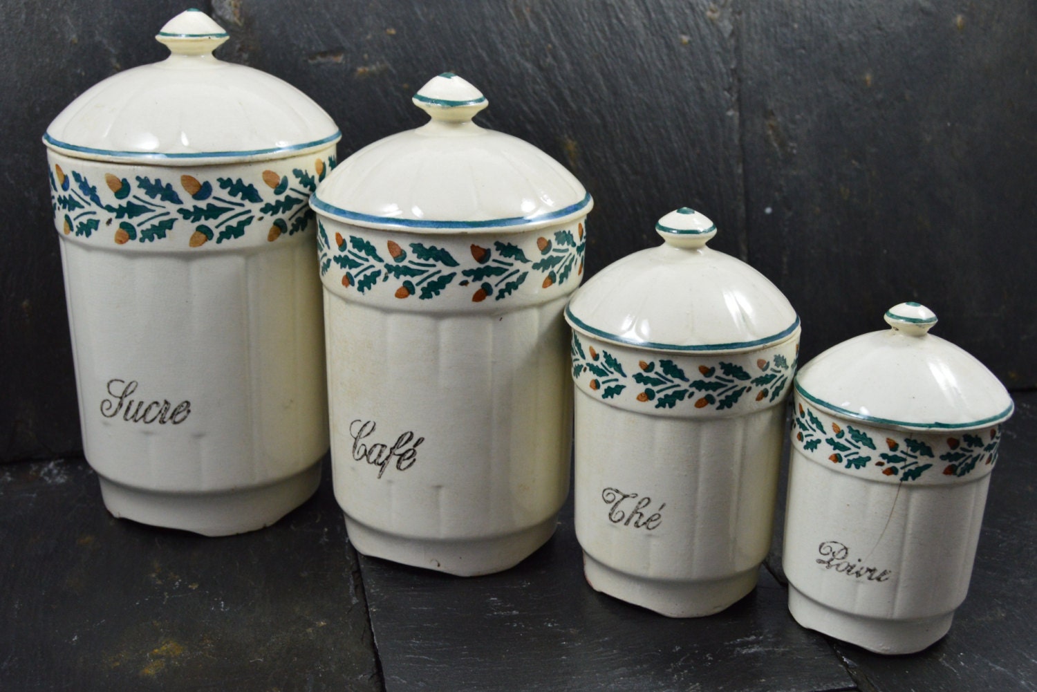 Vintage French Country Ceramic Kitchen Canisters Set of 4/