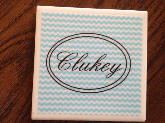 Monogrammed Coaster Set with Light Blue Chevron Print