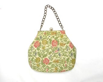 60s Tapestry Handbag | Ivory Pink Green Floral Purse