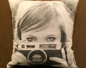 Photographer throw pillow made from a repurposed graphic tee 