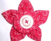 Fabric Flower Brooch or Pin in Red and White Fabric with Vintage Button F-24