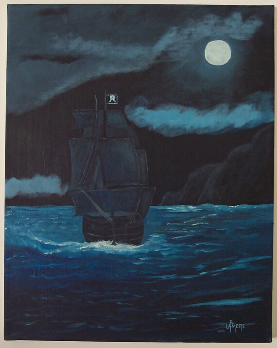 Original Oil Painting landscape // Pirate Ship at Sea