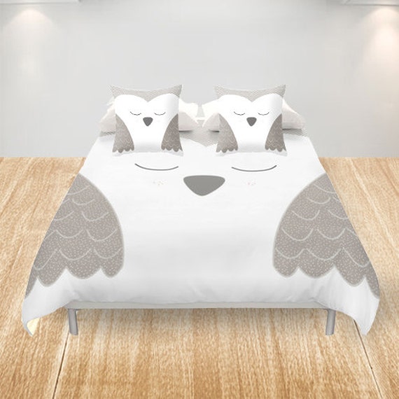 Owl Duvet Cover King Queen Double Full Cover White Gray