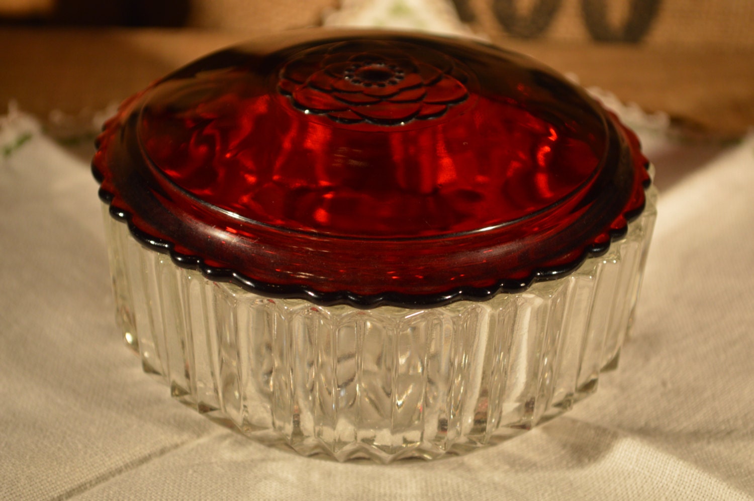 Vintage Glass Candy Dish with Red Lid Haute Juice