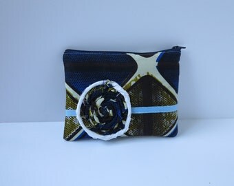 Sale 50% off Zipper pouch/make up purse - Blue & brown diamond pattern (Ankara)