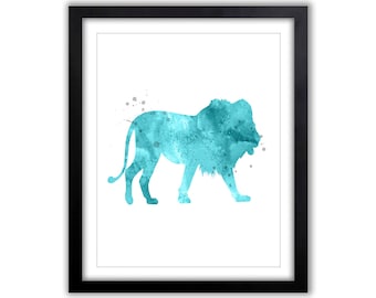 Lion Watercolor, Lion Painting, Animal Watercolor, Lion Silhouette, Abstract Lion Art, Watercolor Print, Nursery Art, Blue and Gray, SA042