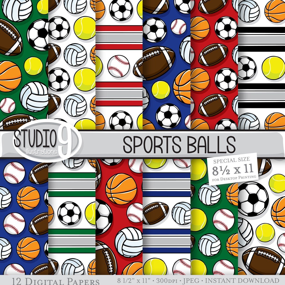 Sports Digital Paper: SPORTS BALLS Patterns Sports Pattern