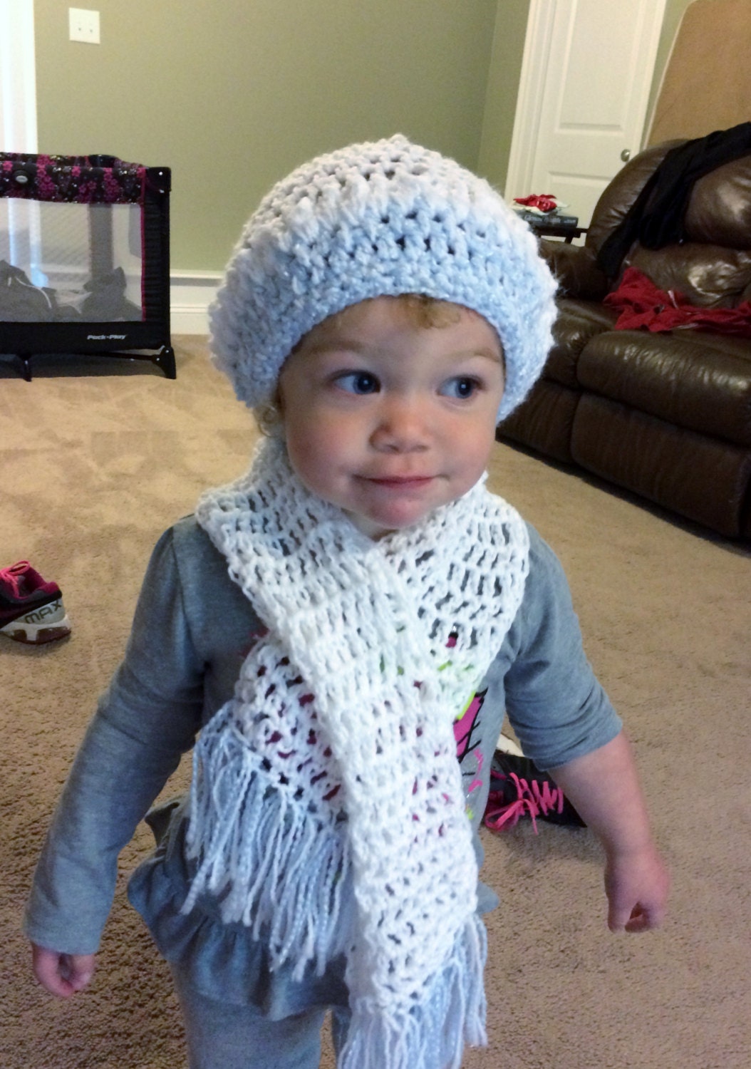 Toddler crochet pom pom hat and scarf set by