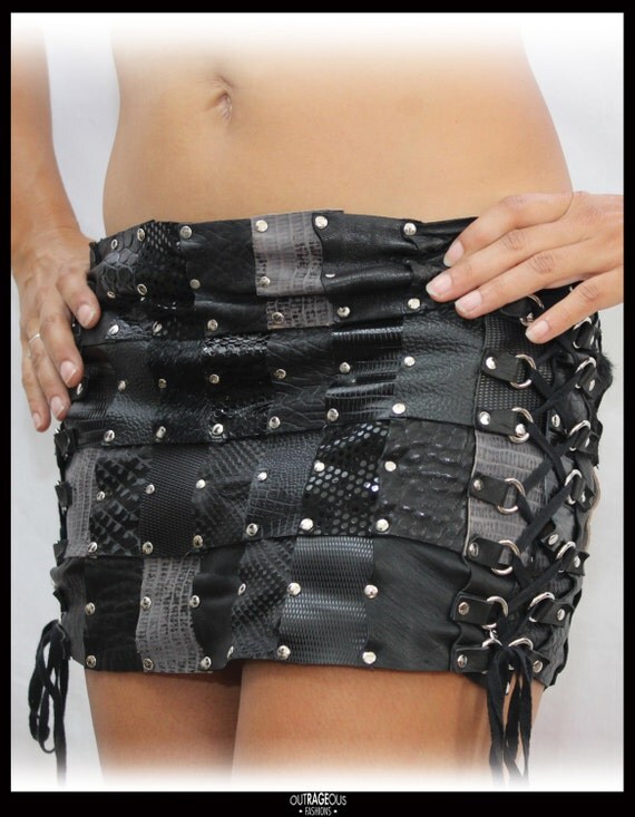 Items similar to Black Leather Patchwork Riveted Lace Up Skirt on Etsy